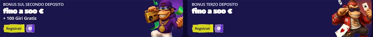 Italian casino bonus banners for the second and third deposit offers, each up to €500, with green registration buttons, free spins text, and cartoon monkey characters on a dark background.