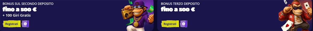 Italian casino bonus banners for the second and third deposit offers, each up to €500, with green registration buttons, free spins text, and cartoon monkey characters on a dark background.