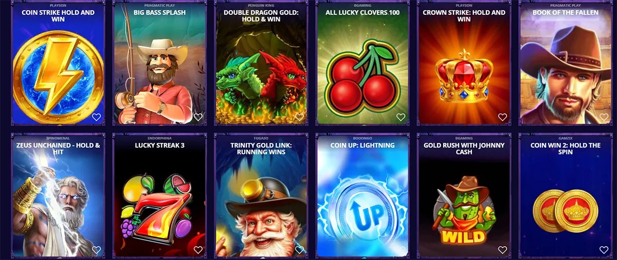 Casino games grid showing Coin Strike Hold and Win, Big Bass Splash, Double Dragon Gold: Hold & Win, All Lucky Clovers 100, Crown Strike: Hold and Win, Book of the Fallen, Zeus Unchained: Hold & Hit, Lucky Streak 3, Trinity Gold Link: Running Wins, Coin Up: Lightning, Gold Rush with Johnny Cash, and Coin Win 2: Hold the Spin.