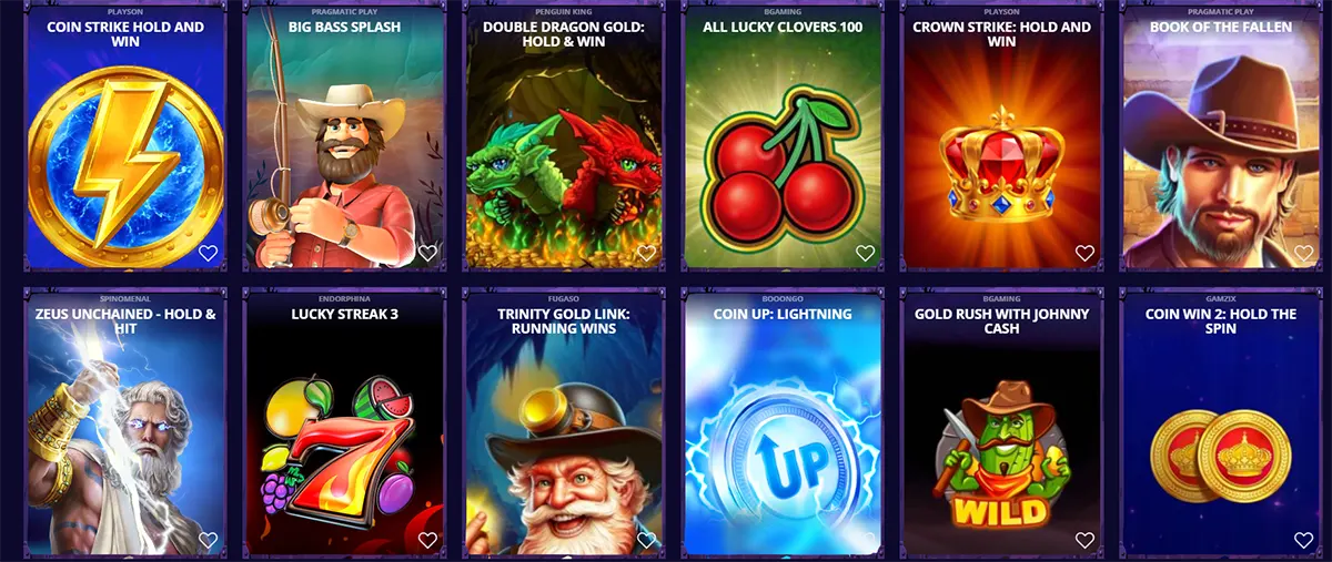 Casino games grid showing Coin Strike Hold and Win, Big Bass Splash, Double Dragon Gold: Hold & Win, All Lucky Clovers 100, Crown Strike: Hold and Win, Book of the Fallen, Zeus Unchained: Hold & Hit, Lucky Streak 3, Trinity Gold Link: Running Wins, Coin Up: Lightning, Gold Rush with Johnny Cash, and Coin Win 2: Hold the Spin.