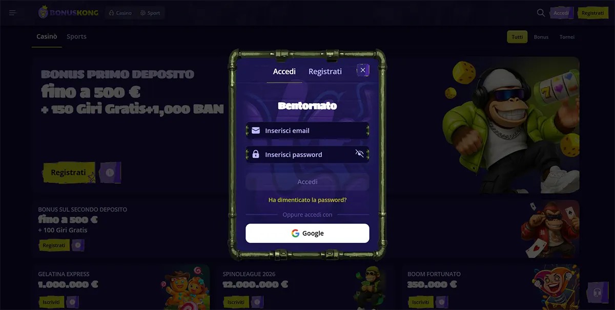 Italian casino login popup with email and password fields, Google sign-in option, and a “Bentornato” welcome message displayed over a dark bonus page background.