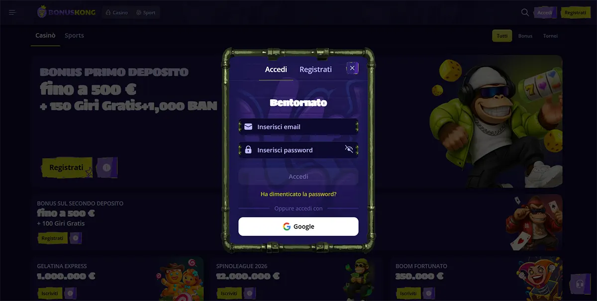 Italian casino login popup with email and password fields, Google sign-in option, and a “Bentornato” welcome message displayed over a dark bonus page background.